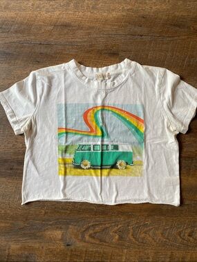 Altar'd State White Tee with Teal Camper Van and Rainbow Graphic picture
